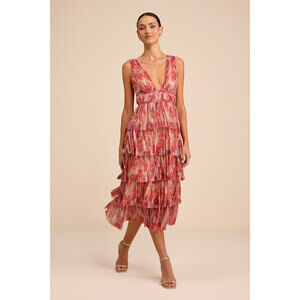 Lulus Valentia Magenta Plisse Sleeveless Tiered Midi Dress Pink - Size L
